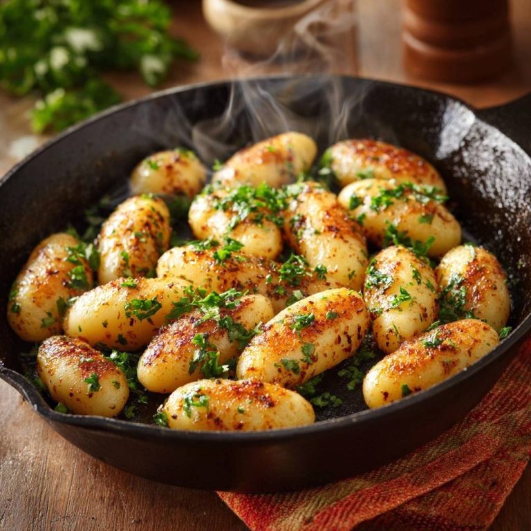 Knusprige Petersilienkartoffeln, frisch aus der Pfanne serviert und mit Petersilie garniert, mit sichtbarem Dampf.