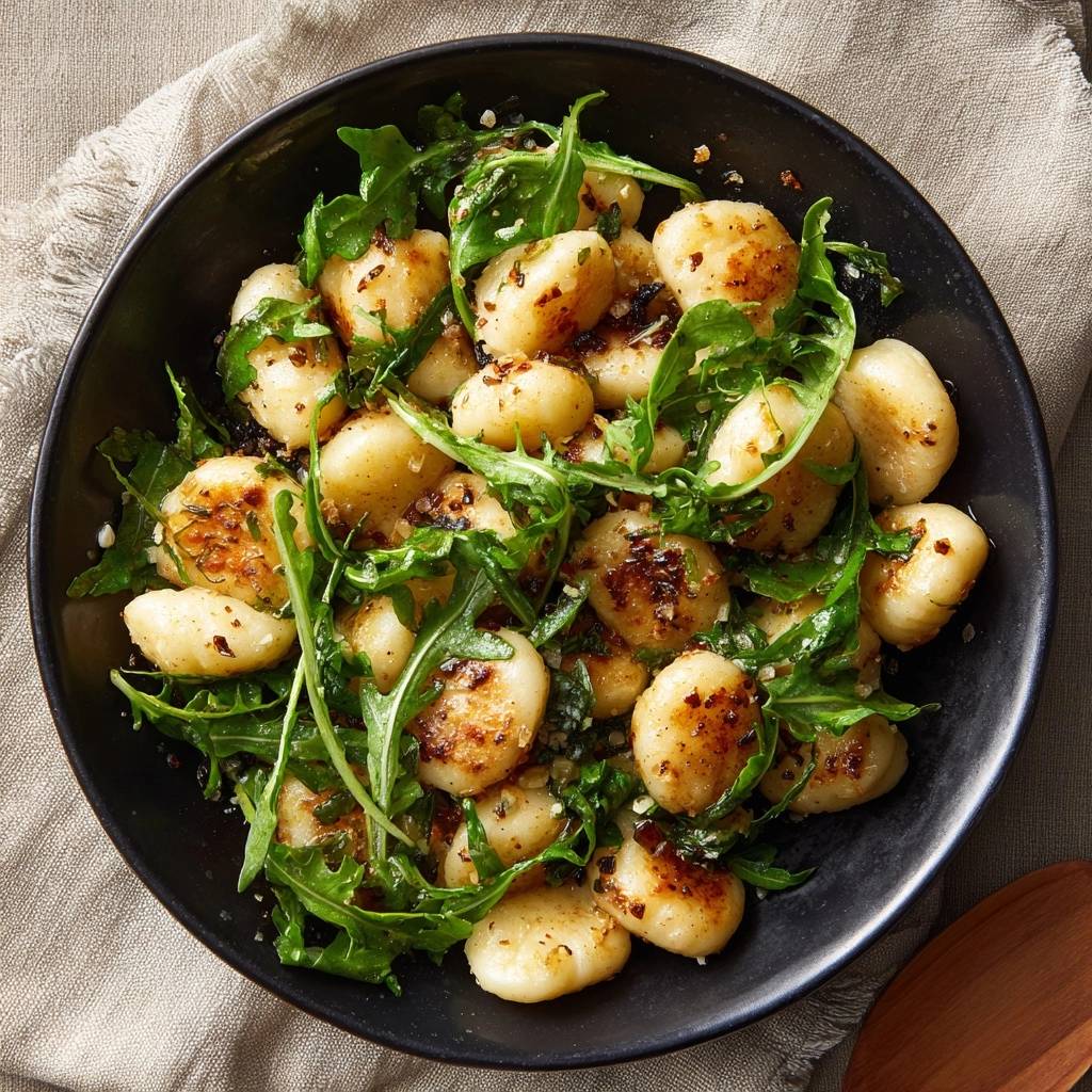 Knusprige Pfannengnocchi mit Rucola, serviert in einer schwarzen Schüssel aus der Vogelperspektive.
