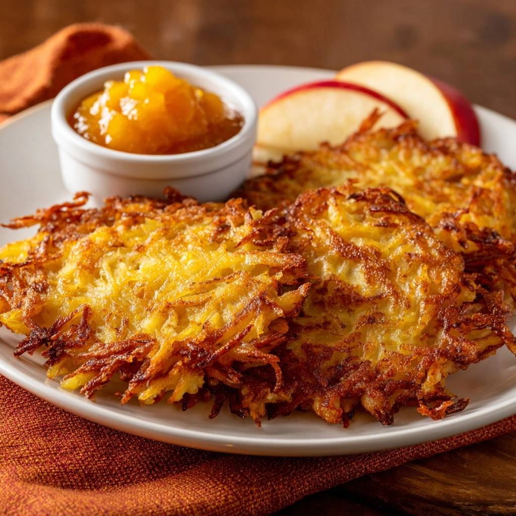 Knusprige Reibekuchen mit Apfelmus, nahaufnahme der goldbraunen Kartoffelpuffer mit Apfelmus und Apfelscheiben.