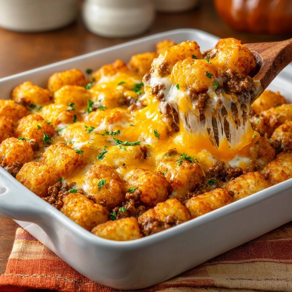 Knuspriger Kartoffelnugget-Hack-Auflauf mit geschmolzenem Käse, der von einem Holzlöffel gezogen wird, Nahaufnahme.