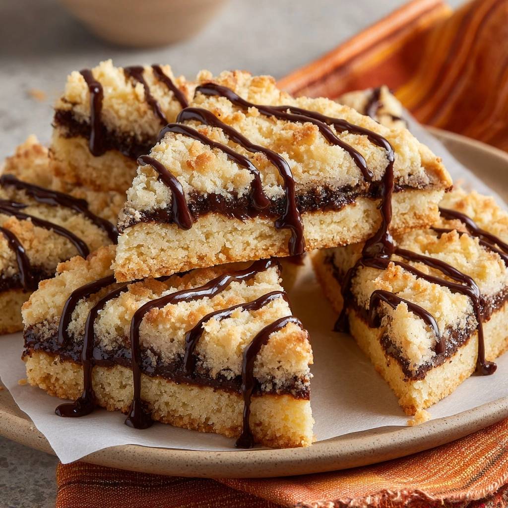 Knuspriger Kokos-Schoko-Streuselkuchen angeschnitten mit Schokoladenglasur und Streuseln, Nahaufnahme