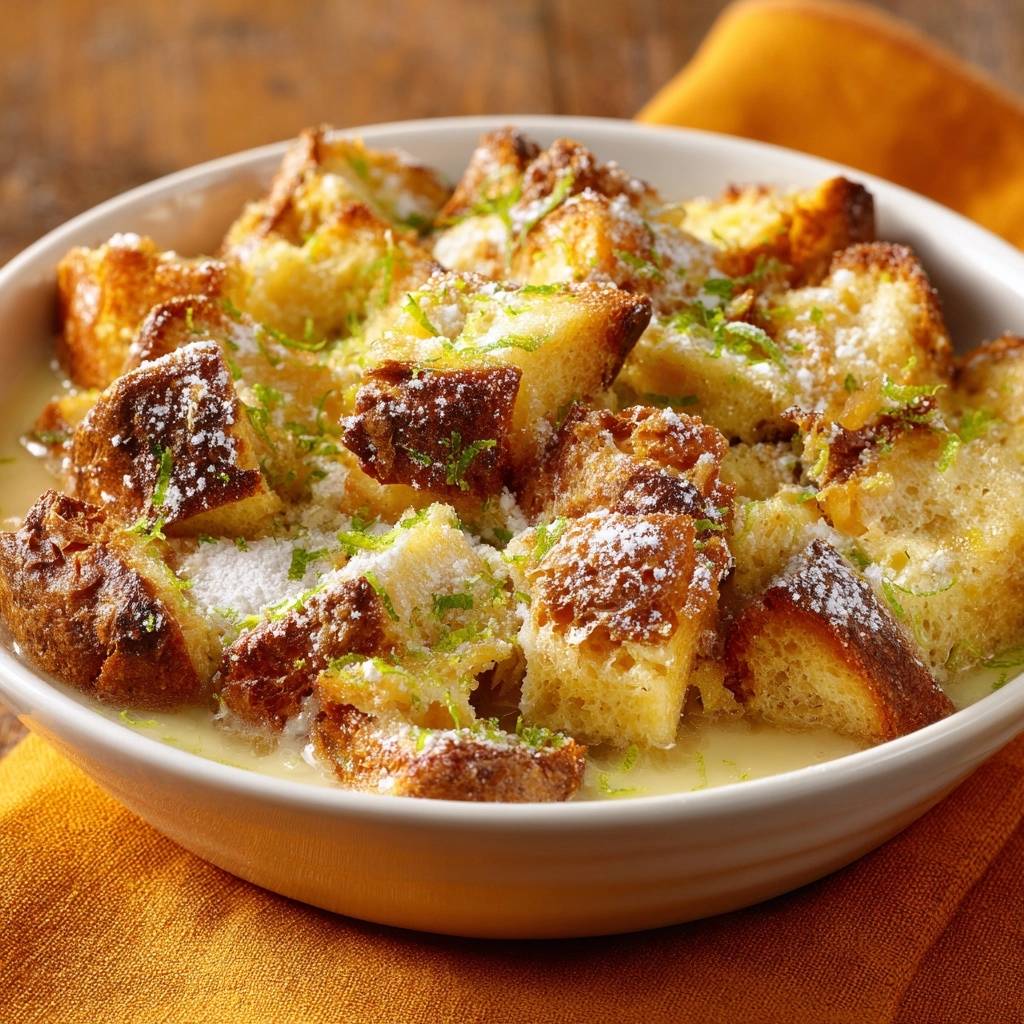 Knuspriger Limetten-Brotpudding, garniert mit Puderzucker und Limettenabrieb in einer weißen Schüssel.