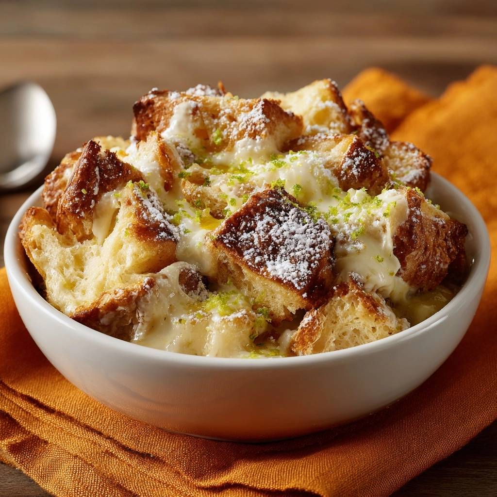 Knuspriger Limetten-Brotpudding, nahaufnahme der knusprigen Brotwürfel mit cremiger Soße und Puderzucker bestreut.