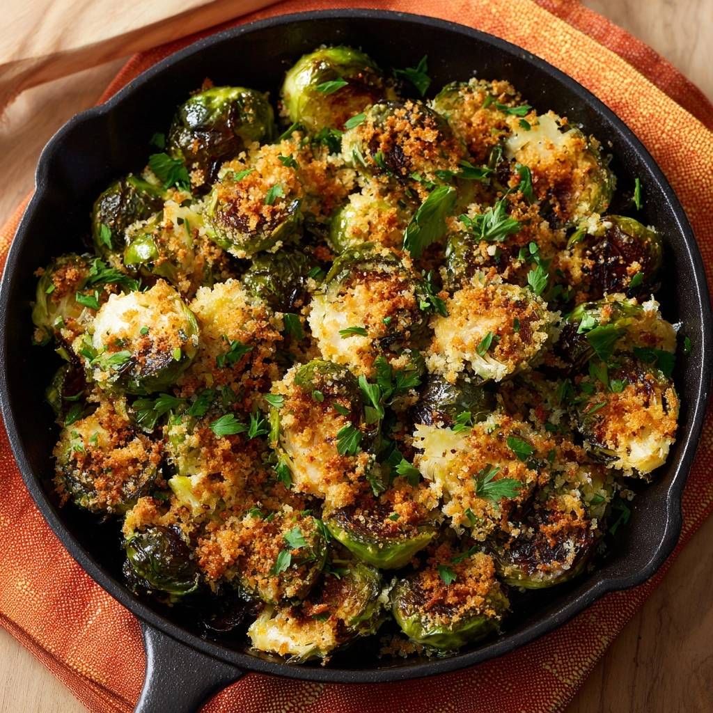 Knuspriger Pfannen-Rosenkohl mit Parmesan, detailreiche Nahaufnahme der frischen Petersilien-Garnitur und der knusprigen Brotkrümel.