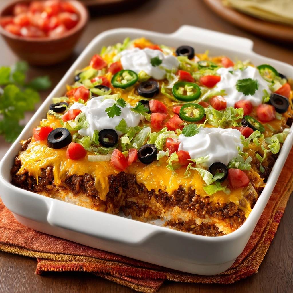 Knuspriger Taco-Auflauf im Anschnitt, der die geschichteten Zutaten wie Hackfleisch, Reis und Käse zeigt.