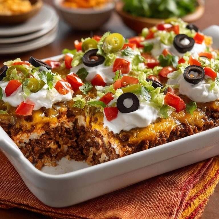 Knuspriger Taco-Auflauf im Anschnitt mit saurer Sahne, Käse und frischen Toppings in einer weißen Auflaufform.