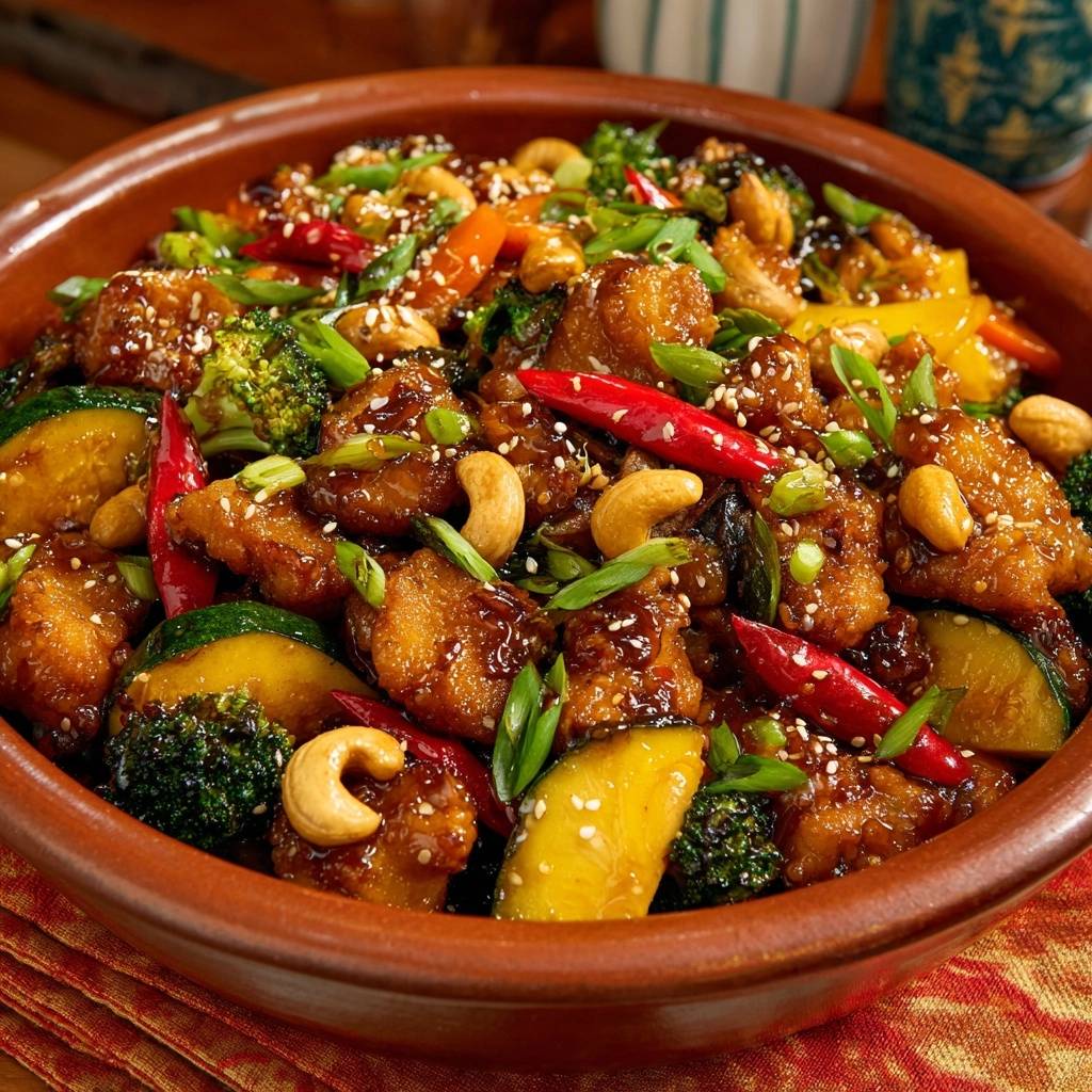Knuspriges Ananas-Hähnchen mit Cashews & Gemüse, serviert in einer braunen Schüssel mit Nahaufnahme der Zutaten.
