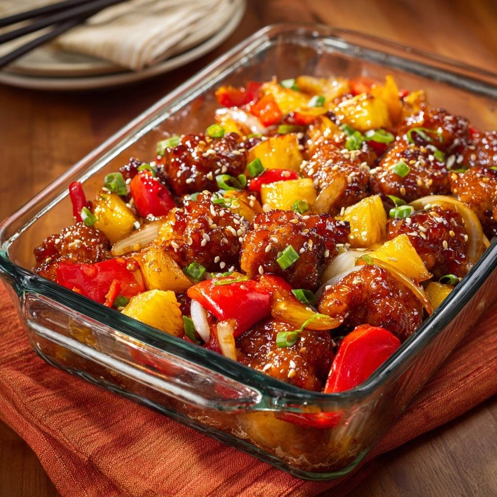 Knuspriges Ananas-Hähnchen mit Paprika, serviert in einer Glasform mit Garnitur aus Frühlingszwiebeln und Sesam.