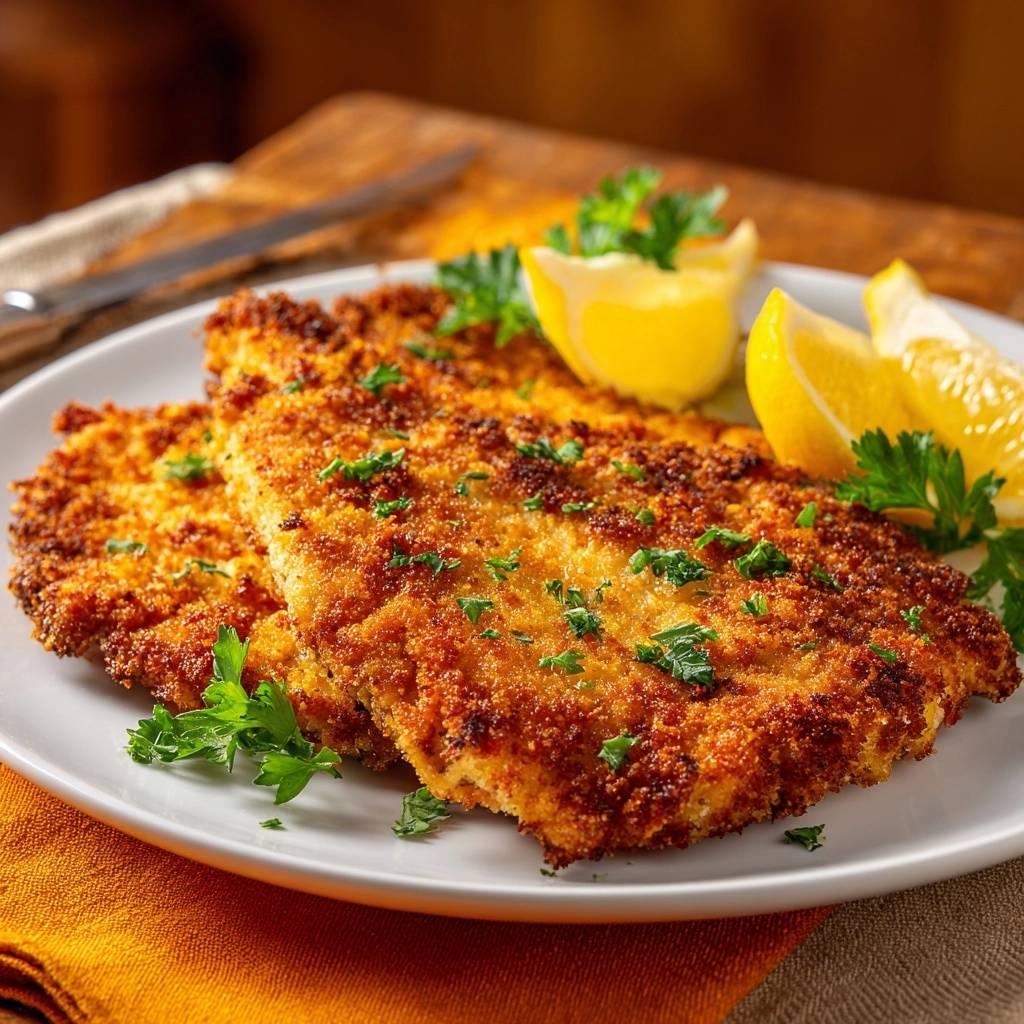 Knuspriges Hähnchenschnitzel mit Zitrone und frischer Petersilie garniert, serviert auf einem weißen Teller.