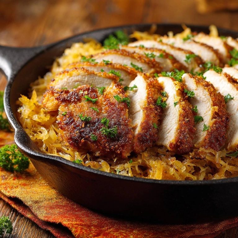 Knuspriges Hähnchen auf Sauerkraut, nahaufnahme in einer Gusseisenpfanne mit frischer Petersilie garniert.