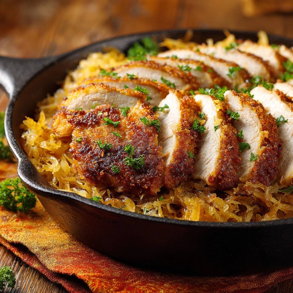 Knuspriges Hähnchen auf Sauerkraut, nahaufnahme in einer Gusseisenpfanne mit frischer Petersilie garniert.