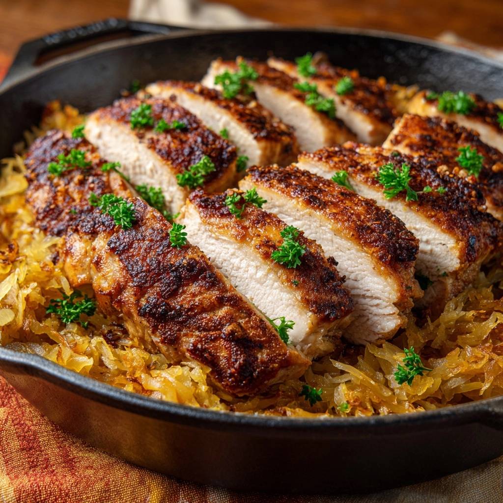 Knuspriges Hähnchen auf Sauerkraut, saftig und von der Seite angeschnitten mit frischer Petersilie garniert.