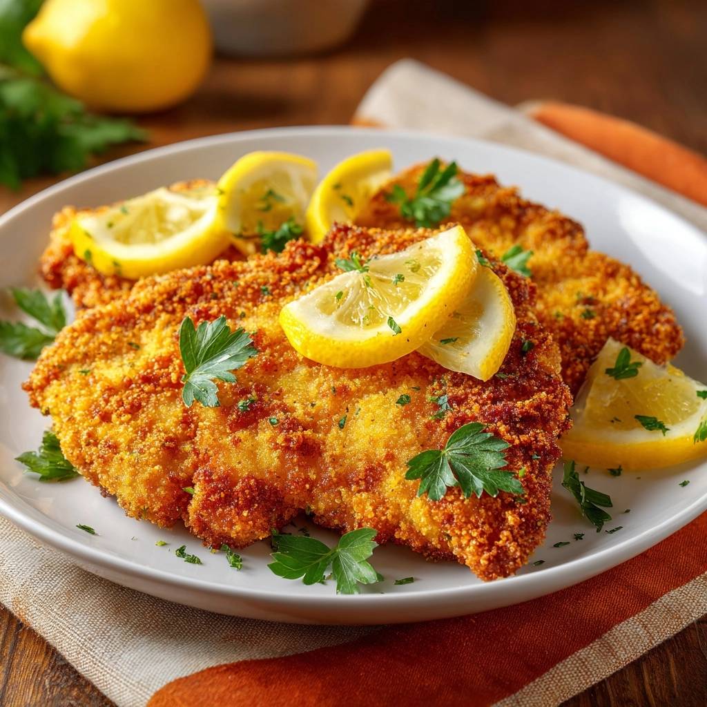 Knuspriges Hähnchenschnitzel mit Zitrone, garniert mit frischer Petersilie und Zitronenscheiben auf einem weißen Teller.