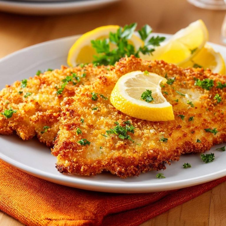 Knuspriges Hähnchenschnitzel mit Zitrone, garniert mit Petersilie und Zitronenspalten auf einem Teller