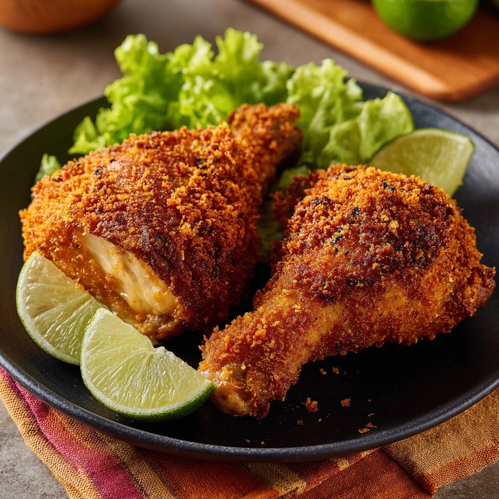 Knuspriges Limetten-Hähnchen mit Salat, hier ein Hähnchenschenkel im Anschnitt, der das saftige Innere zeigt
