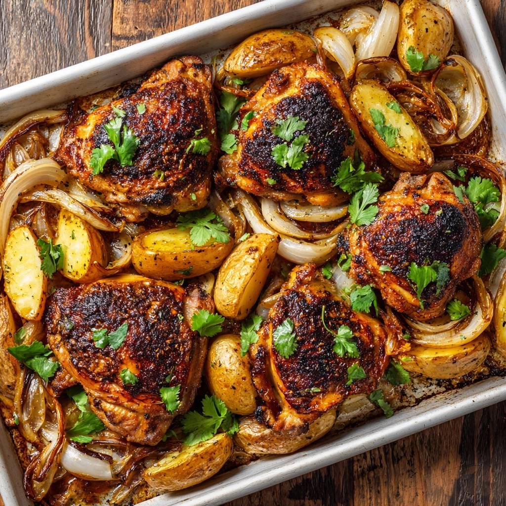 Knuspriges Ofenhähnchen mit Kartoffeln und Zwiebeln, eine draufsicht auf das frisch gebackene Gericht in einer Metallform.