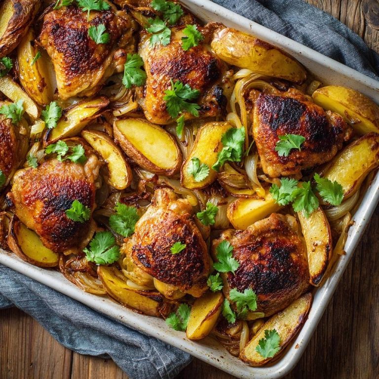 Knuspriges Ofenhähnchen mit Kartoffeln und Zwiebeln, eine Draufsicht auf die fertig gebackene Speise in einer Auflaufform.