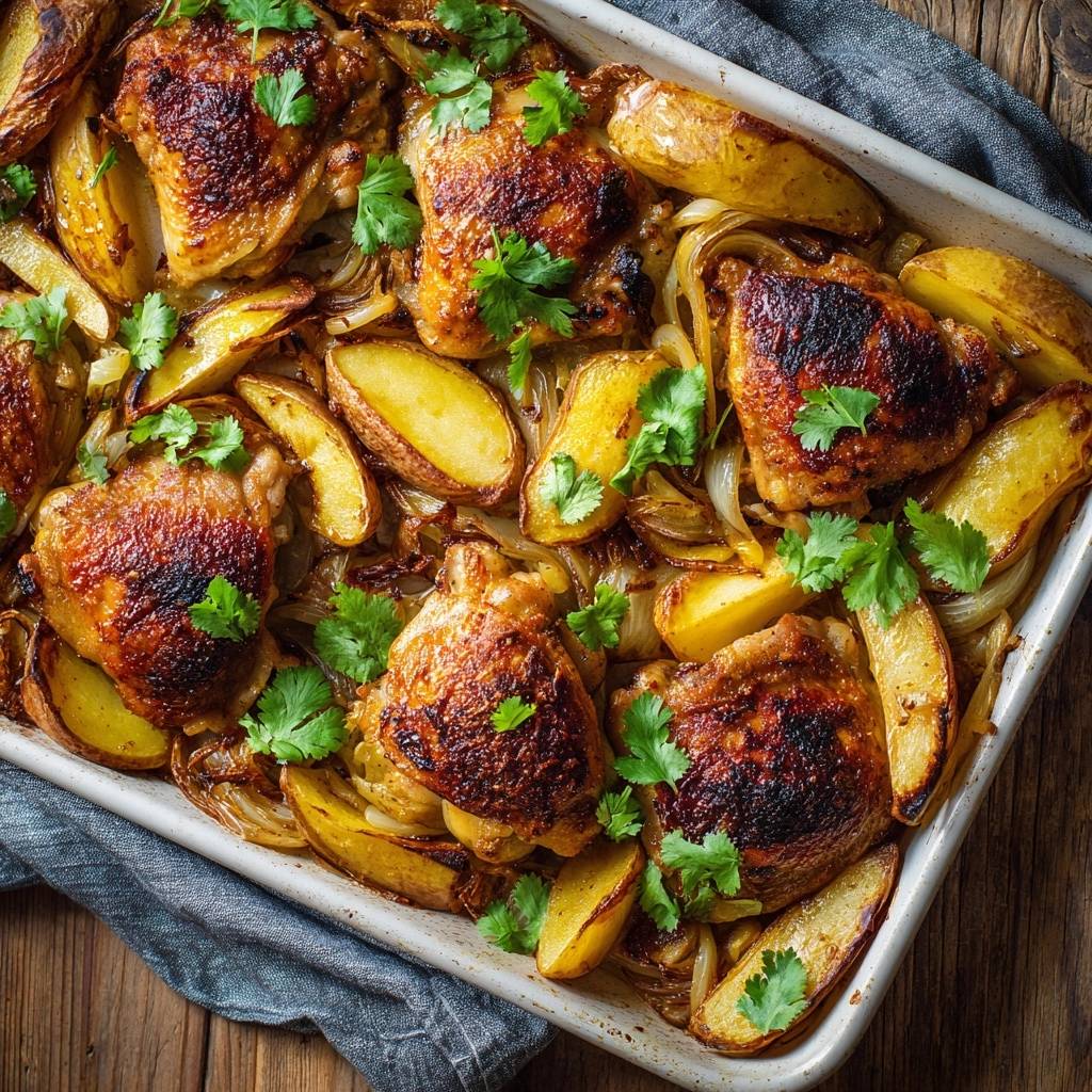 Knuspriges Ofenhähnchen mit Kartoffeln und Zwiebeln, eine Draufsicht auf die fertig gebackene Speise in einer Auflaufform.