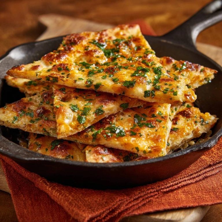 Knuspriges Skillet-Knoblauchkäse-Brot angeschnitten in einer Gusseisenpfanne mit frischer Petersilie garniert.