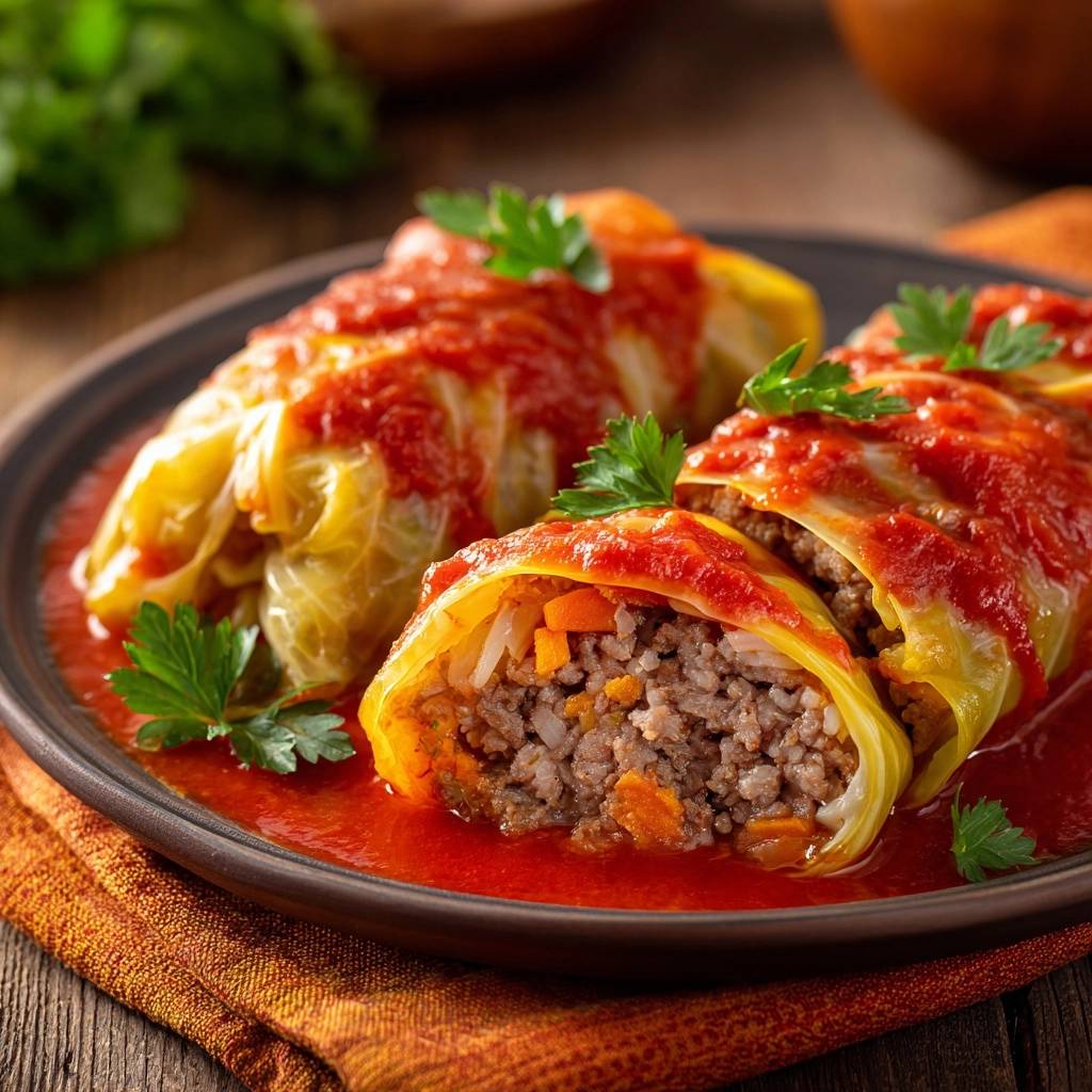 Saftige Kohlrouladen in Tomatensoße – angeschnitten und mit einer Nahaufnahme des würzigen Hackfleisch-Reis-Füllung.