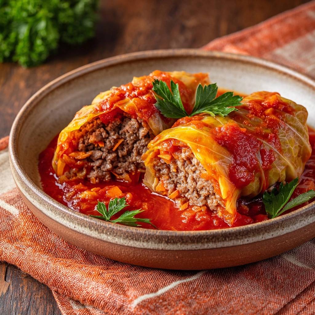 Saftige Kohlrouladen in Tomatensoße angeschnitten, mit einer Nahaufnahme des herzhaften Rinderhackfleisch- und Reis-Füllung.