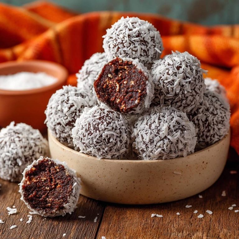 Kokos-Dattel-Nuss-Bällchen im Anschnitt, die den saftigen Kern und die Kokosraspelschicht zeigen.