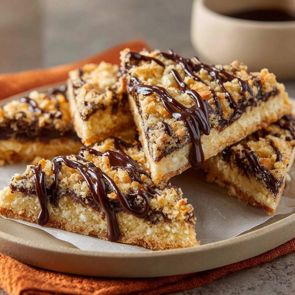 Knuspriger Kokos-Schoko-Streuselkuchen angeschnitten mit dunkler Schokoladenglasur und Streuseln auf einem Teller.