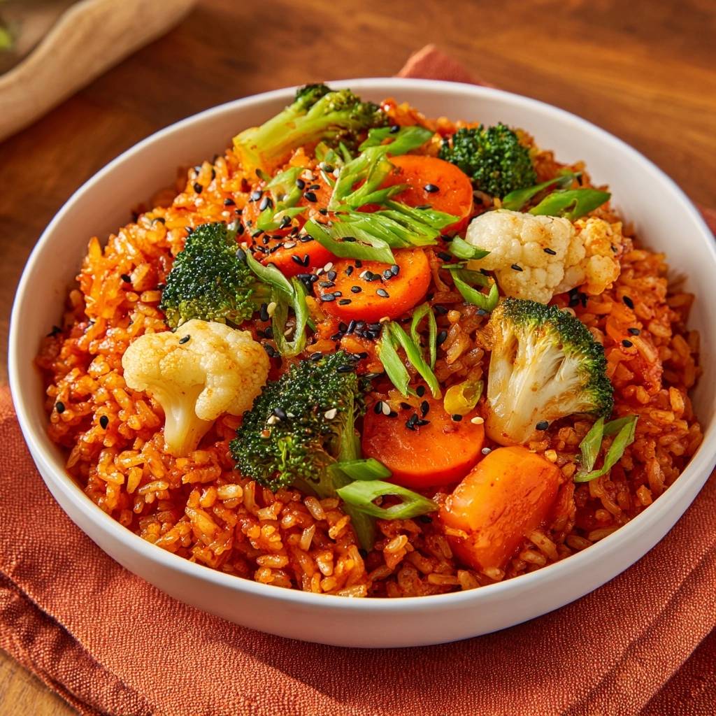 Koreanischer Gemüse-Bibimbap mit frischem Gemüse, garniert mit Frühlingszwiebeln und schwarzen Sesamsamen.