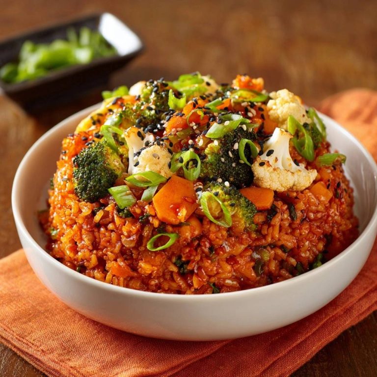 Koreanischer Gemüse-Bibimbap garniert mit Frühlingszwiebeln und Sesam, serviert in einer weißen Schüssel.