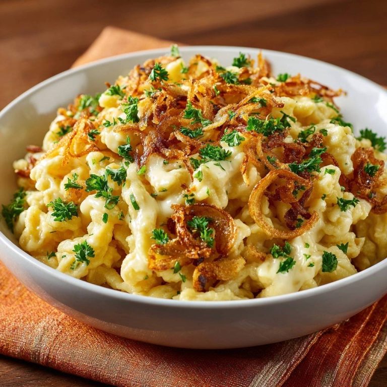 Käsespätzle mit knusprigen Zwiebeln, garniert mit frischer Petersilie in einer weißen Schüssel.