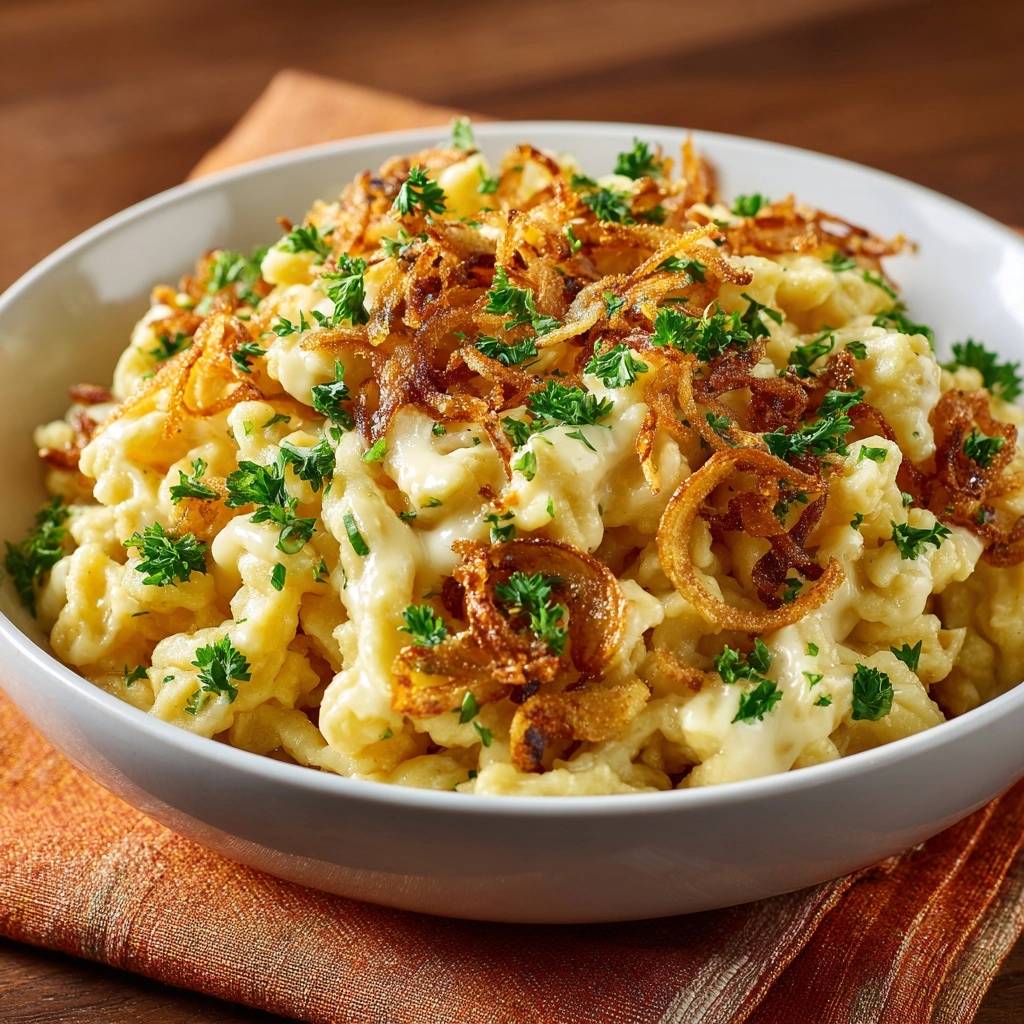 Käsespätzle mit knusprigen Zwiebeln, garniert mit frischer Petersilie in einer weißen Schüssel.