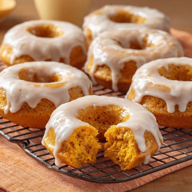 Kürbis-Donuts mit Vanille-Glasur, einer davon angeschnitten, um die fluffige Textur und das leuchtende Innere zu zeigen.