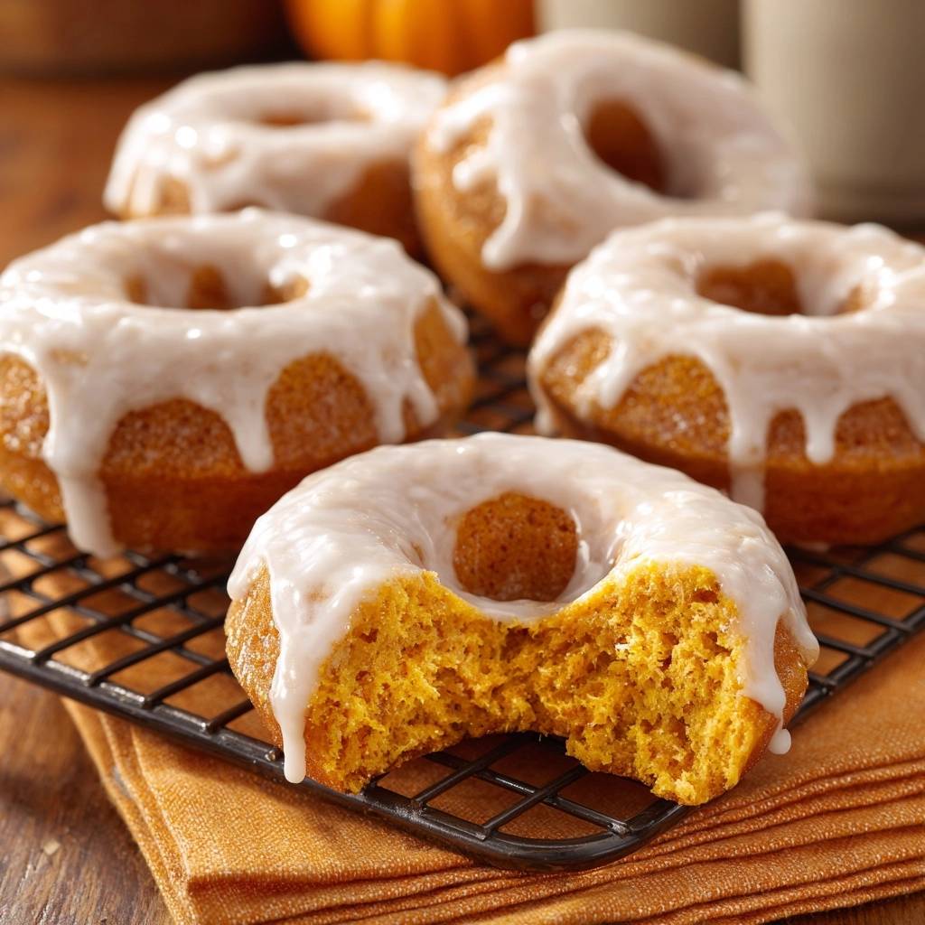 Kürbis-Donuts mit Vanille-Glasur angeschnitten, die fluffige Textur im Inneren ist gut sichtbar.