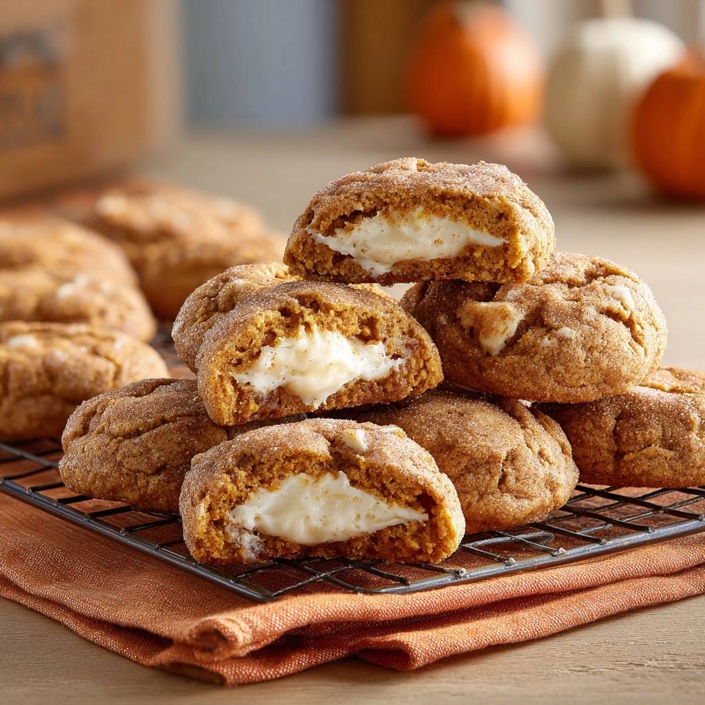 Kürbis-Whoopie-Pies mit Zimtstreuseln und Frischkäsecreme, angeschnitten zur Ansicht der cremigen Füllung