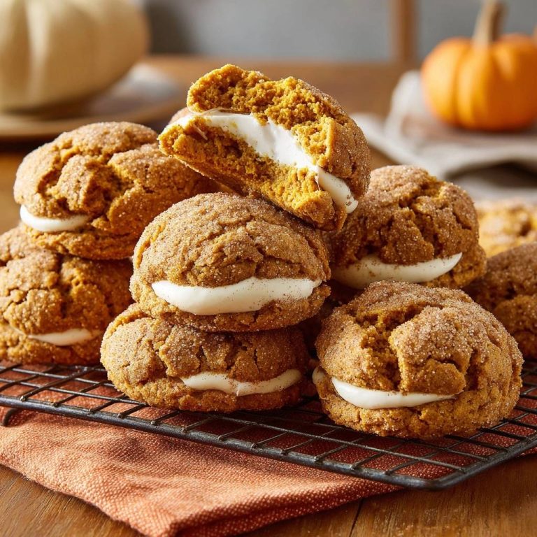 Kürbis-Whoopie-Pies mit Zimtstreuseln und Frischkäsecreme, ein Keks ist angeschnitten und zeigt die cremige Füllung