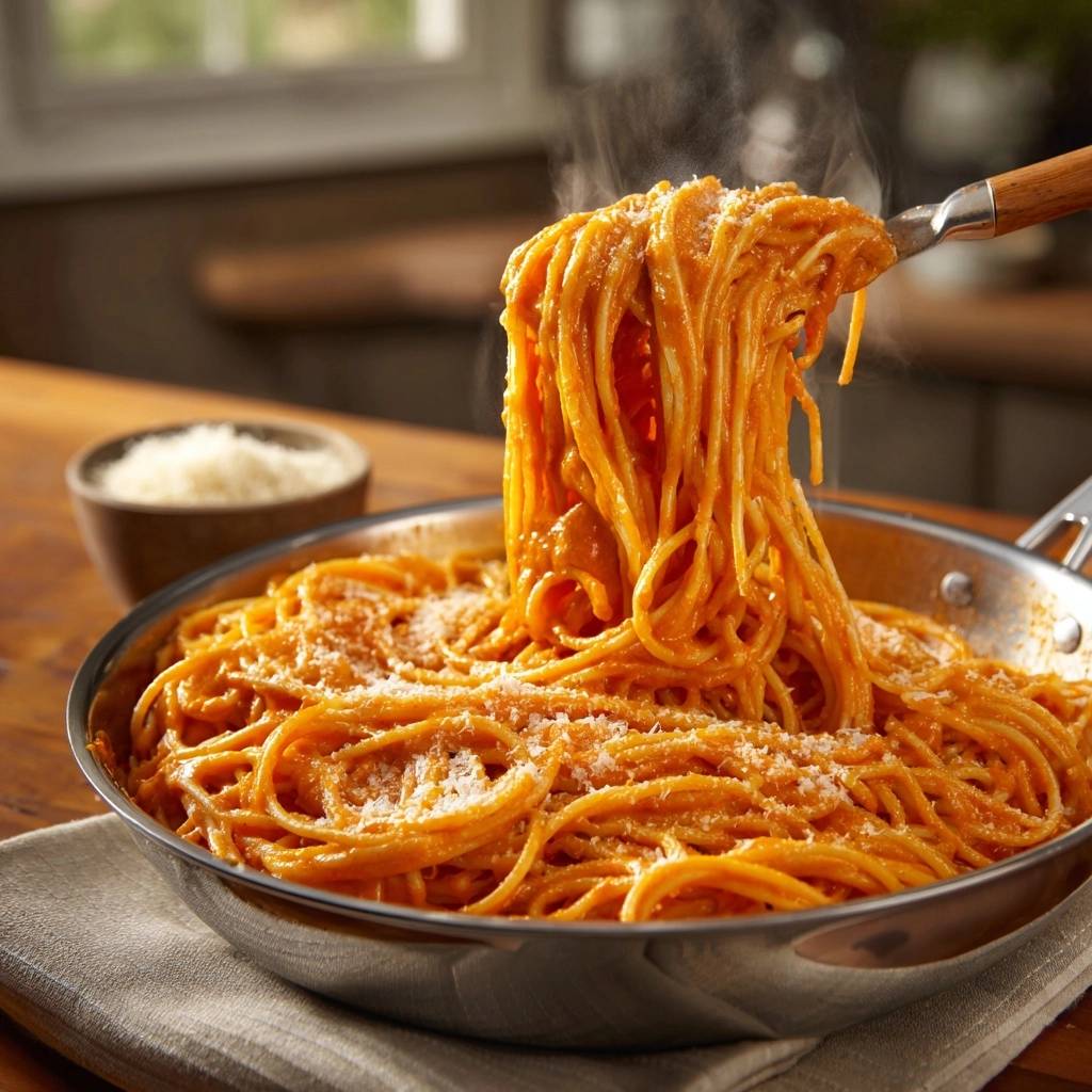 Cremige Kürbis-Spaghetti werden mit einer Gabel dampfend aus der Pfanne gehoben, bestreut mit Parmesan.