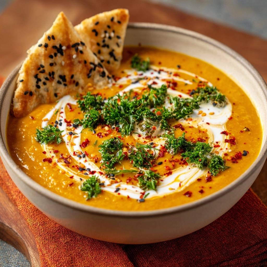 Cremige Kürbissuppe mit Sesam-Pita, garniert mit frischer Petersilie und Chiliflocken, in einer Schüssel serviert.