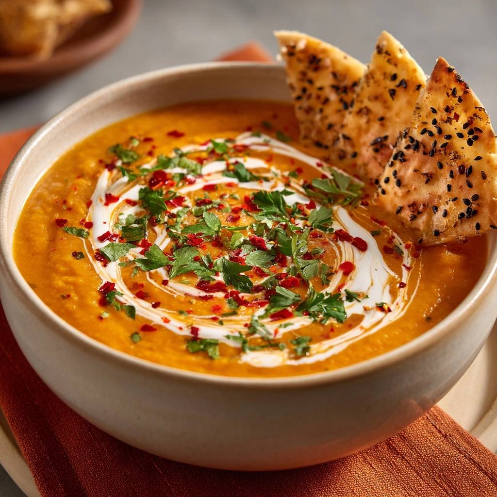 Cremige Kürbissuppe mit Sesam-Pita, garniert mit frischer Petersilie und Chiliflocken, serviert in einer Schüssel.