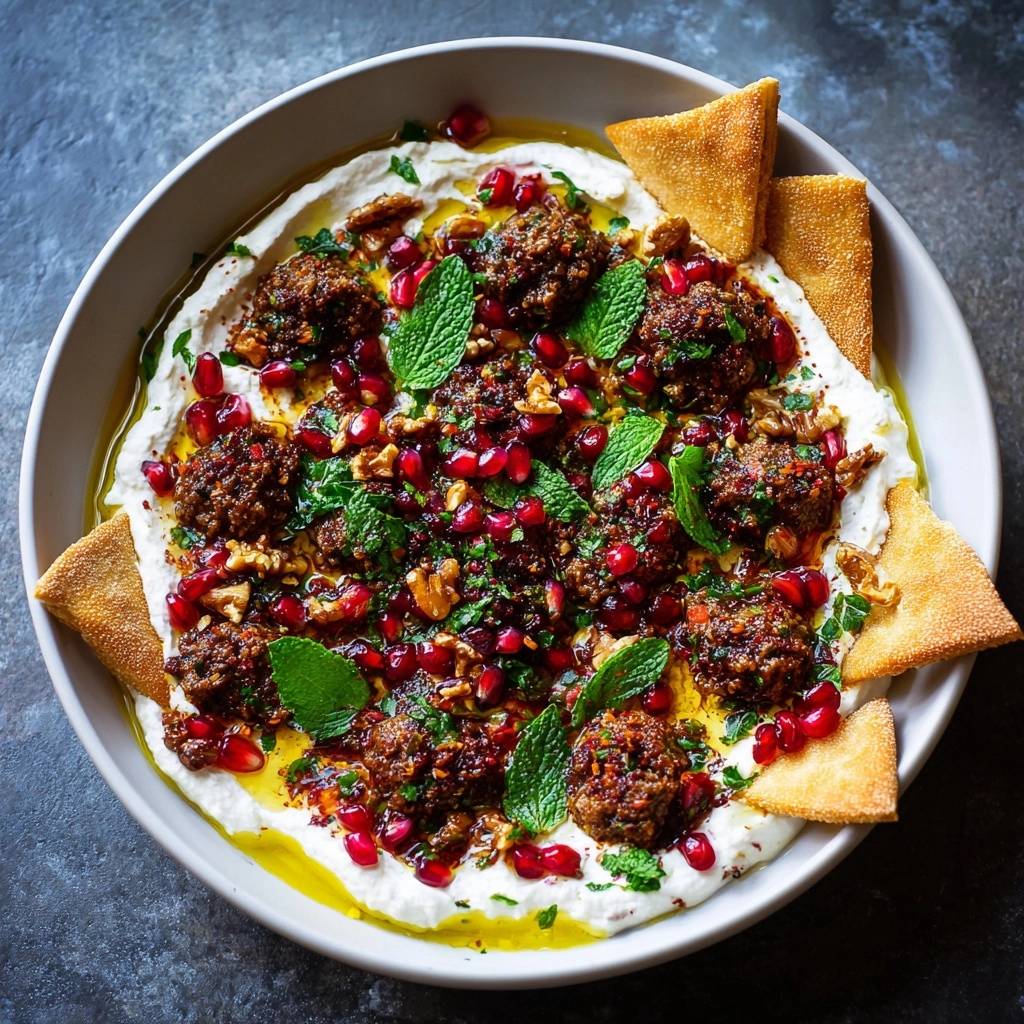 Labneh mit gewürztem Hack, Granatapfelkernen und Walnüssen, garniert mit Minze und Öl, serviert mit Pitabrot-Ecken.