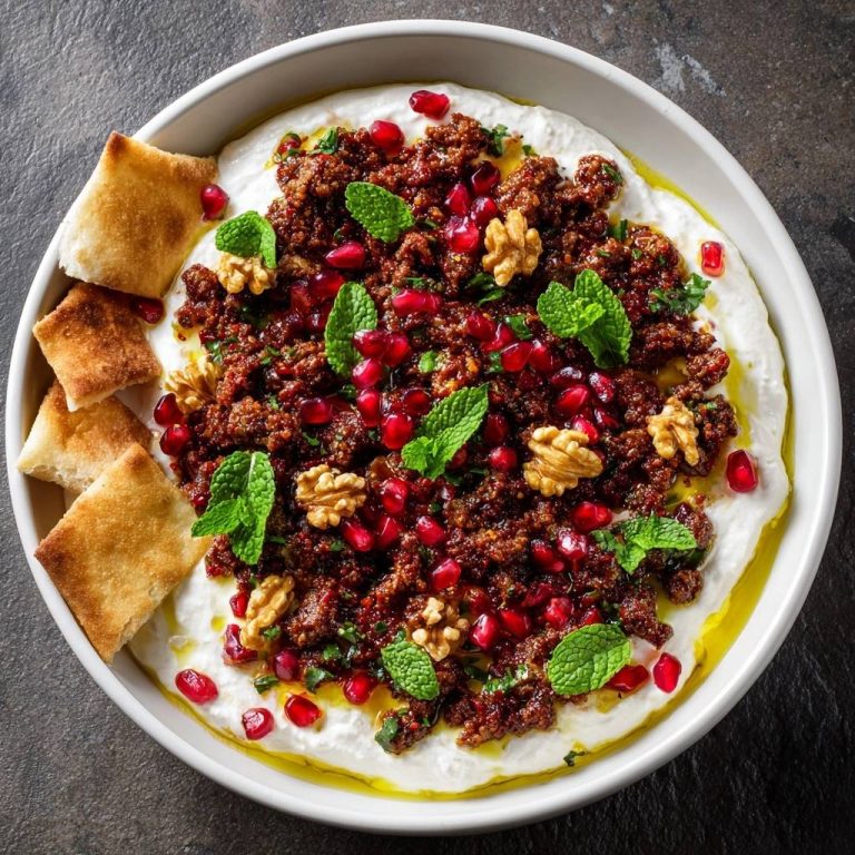 Labneh mit gewürztem Hack, Granatapfelkernen und Walnüssen als Draufsicht mit Pita-Brot und Minze serviert.