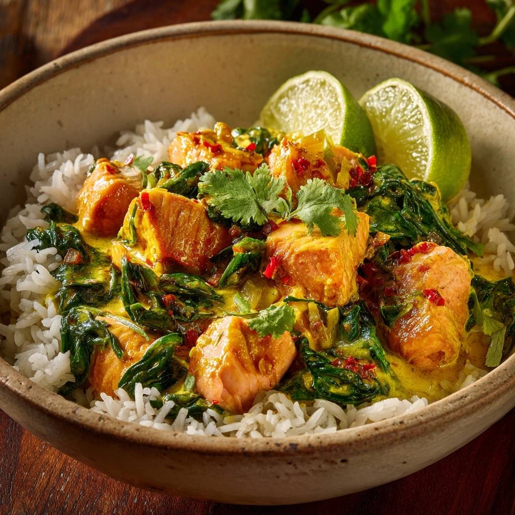 Cremiges Lachs-Gelbcurry mit Spinat und Reis, serviert in einer Schüssel mit Limettenspalten und Koriander garniert.
