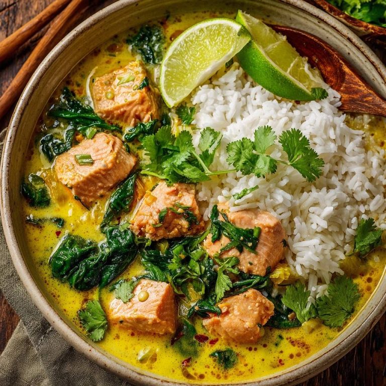 Cremiges Lachs-Gelbcurry mit Spinat und Reis, nahaufnahme der Portion mit Reis und Garnitur