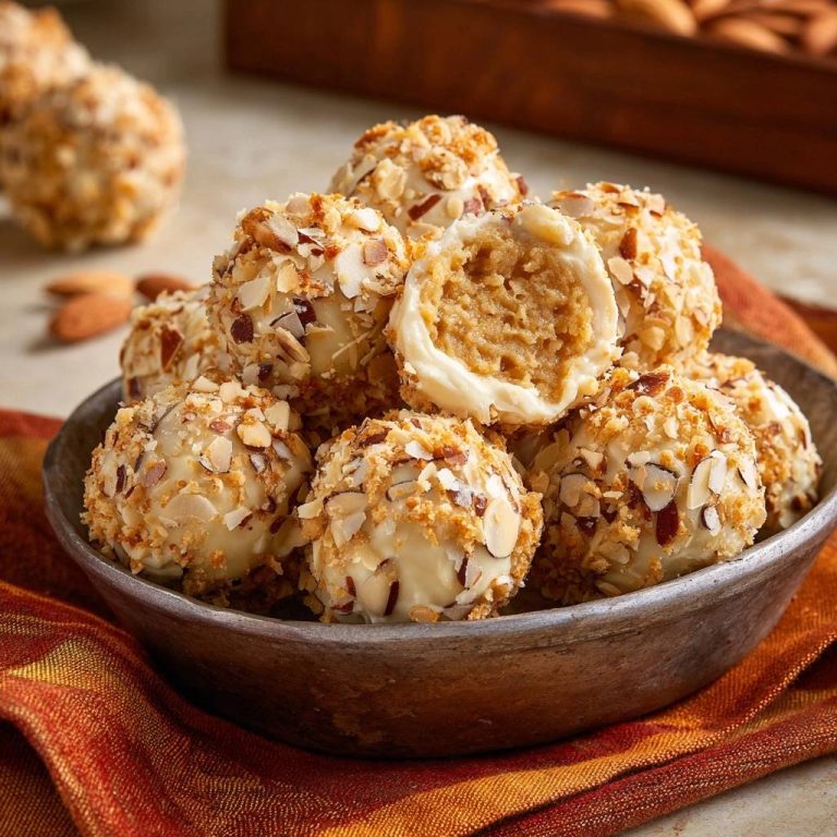 Mandel-Kokos-Reis-Bällchen angeschnitten, das cremige Innere und die nussige Kokos-Mandel-Hülle sind gut sichtbar.