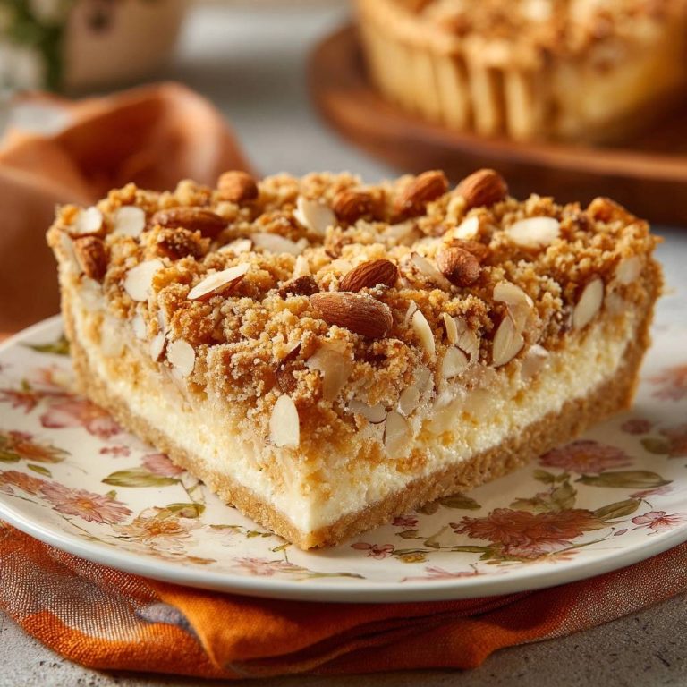 Mandel-Streusel-Käsekuchen als angeschnittene Portion auf einem Teller mit Blumenmuster, garniert mit Mandeln und Streuseln.