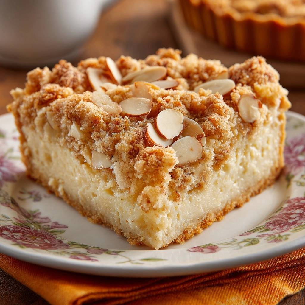 Mandel-Streusel-Käsekuchen angeschnitten auf einem Teller mit einem Blumenmuster, der cremige Belag ist sichtbar