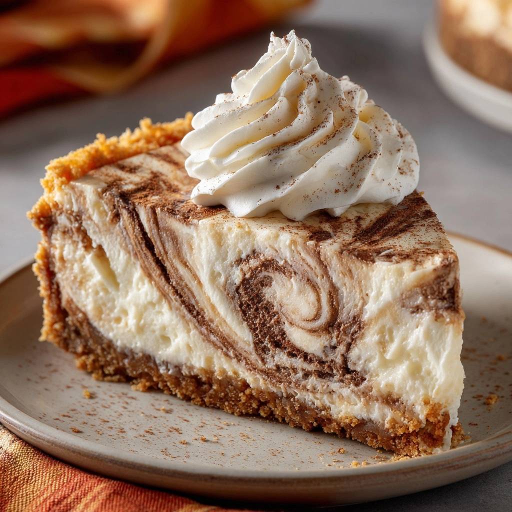 Marmorierter Kürbis-Zimt-Cheesecake, eine einzelne servierte Scheibe mit Sahnetupfer und Zimt bestäubt.