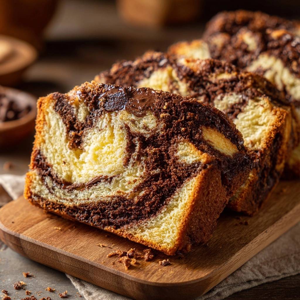 Marmorkuchen angeschnitten mit detailliertem Schokoladenmuster und gelbem Teig, auf einem Holzbrett serviert.