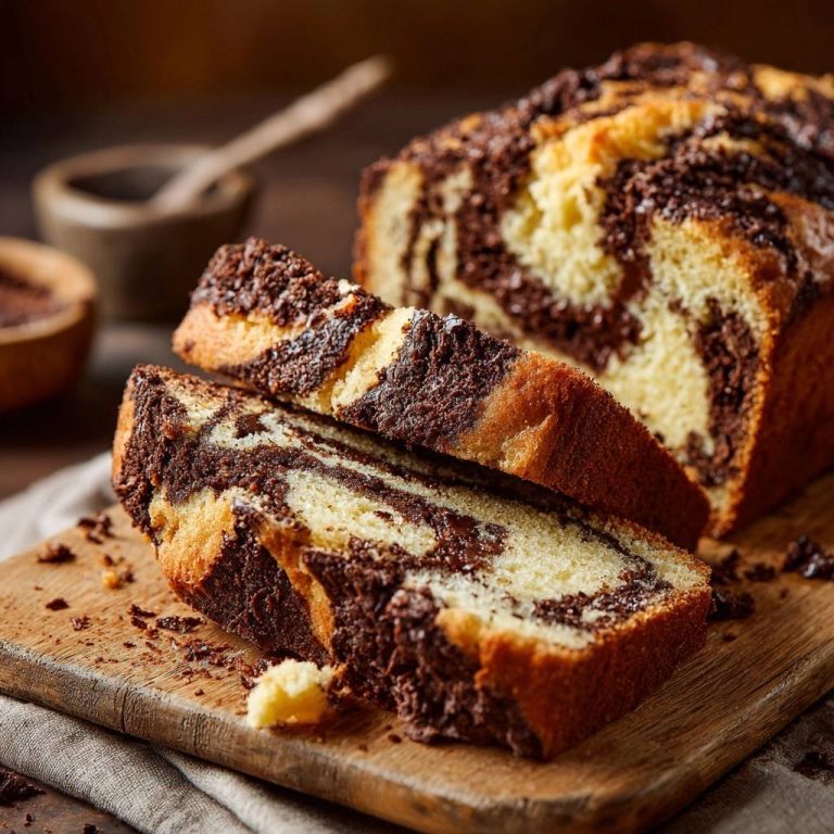 Marmorkuchen als angeschnittene Scheiben auf einem Holzbrett, mit Schokoladenstreuseln und einem detailreichen Inneren.