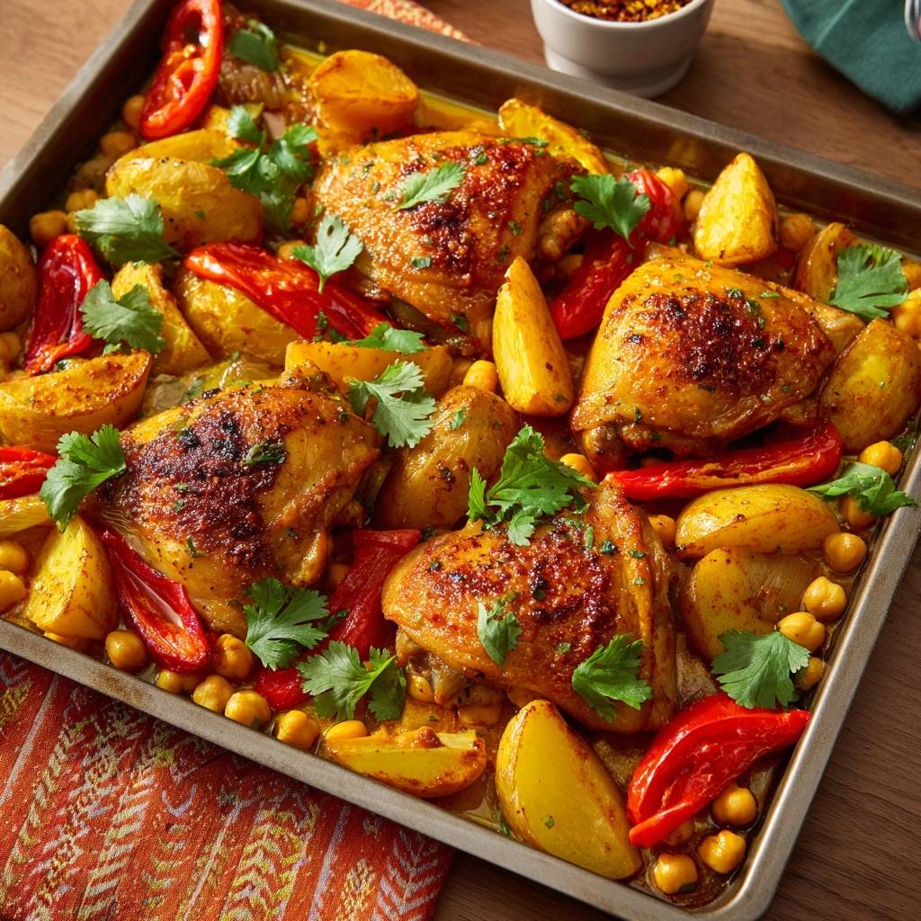 Marokkanisches Ofenhähnchen mit Kichererbsen, Paprika und Kartoffeln, frisch aus dem Ofen im Rostblech mit Petersilie garniert.