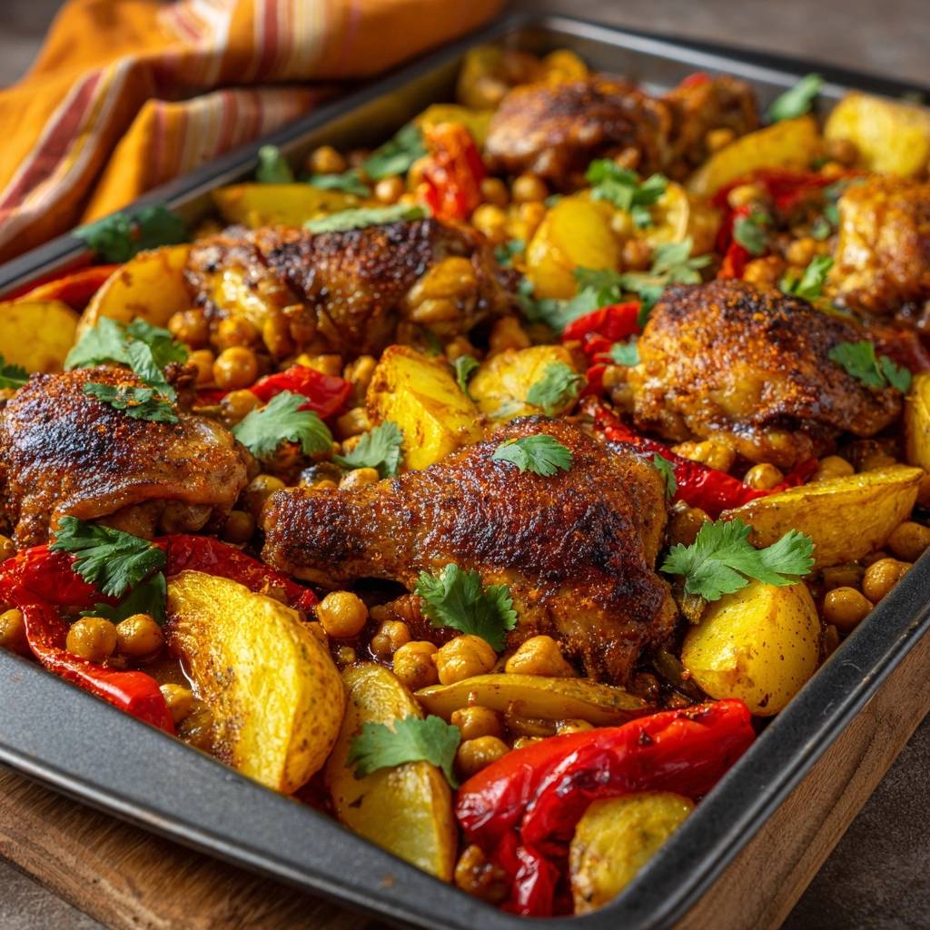 Marokkanisches Ofenhähnchen mit Kichererbsen, Paprika und Kartoffeln, nah aufgenommen und mit frischer Petersilie garniert.